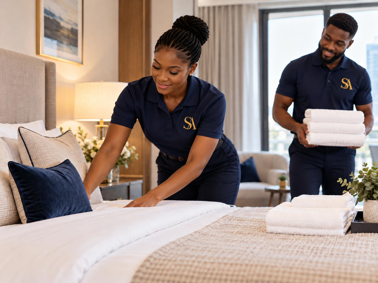 Cleaner making a hotel bed with fresh white linen