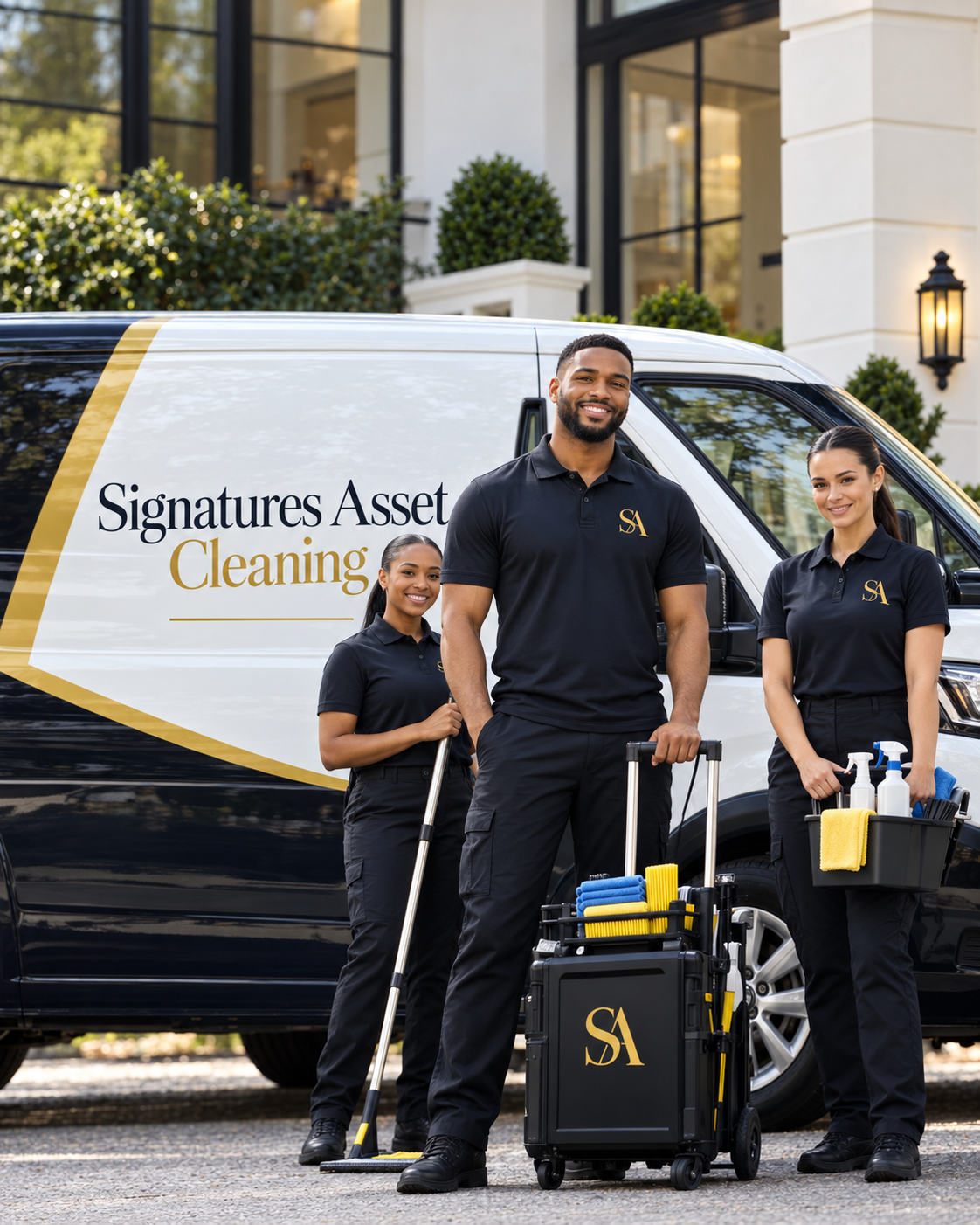 Uniformed cleaning crew standing beside a branded company van