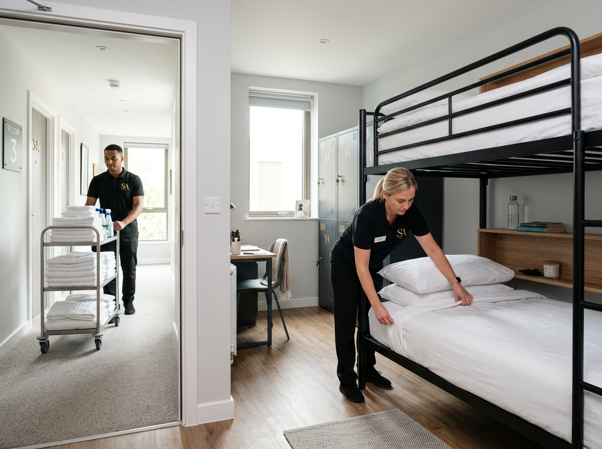 Cleaners making bunk beds in a hostel dormitory
