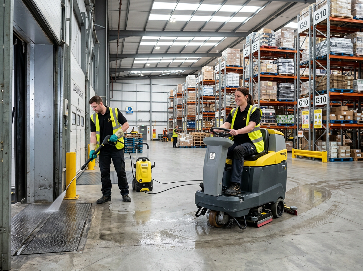 Cleaners pressure-washing a loading bay and scrubbing a warehouse floor