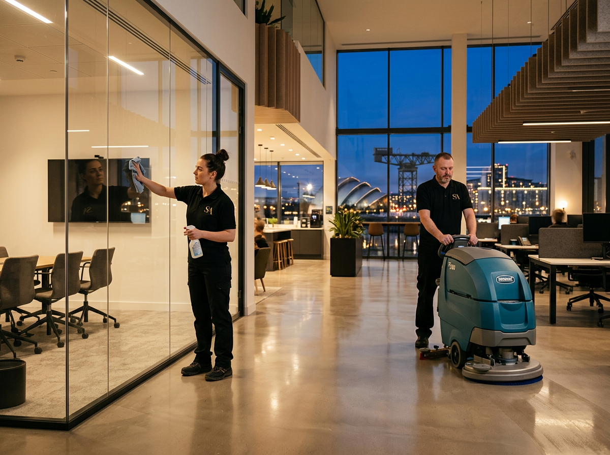 Cleaner wiping office desks while a colleague vacuums