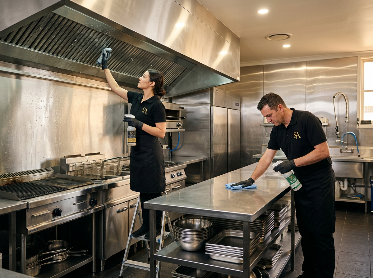 Cleaner degreasing stainless steel surfaces in a commercial kitchen