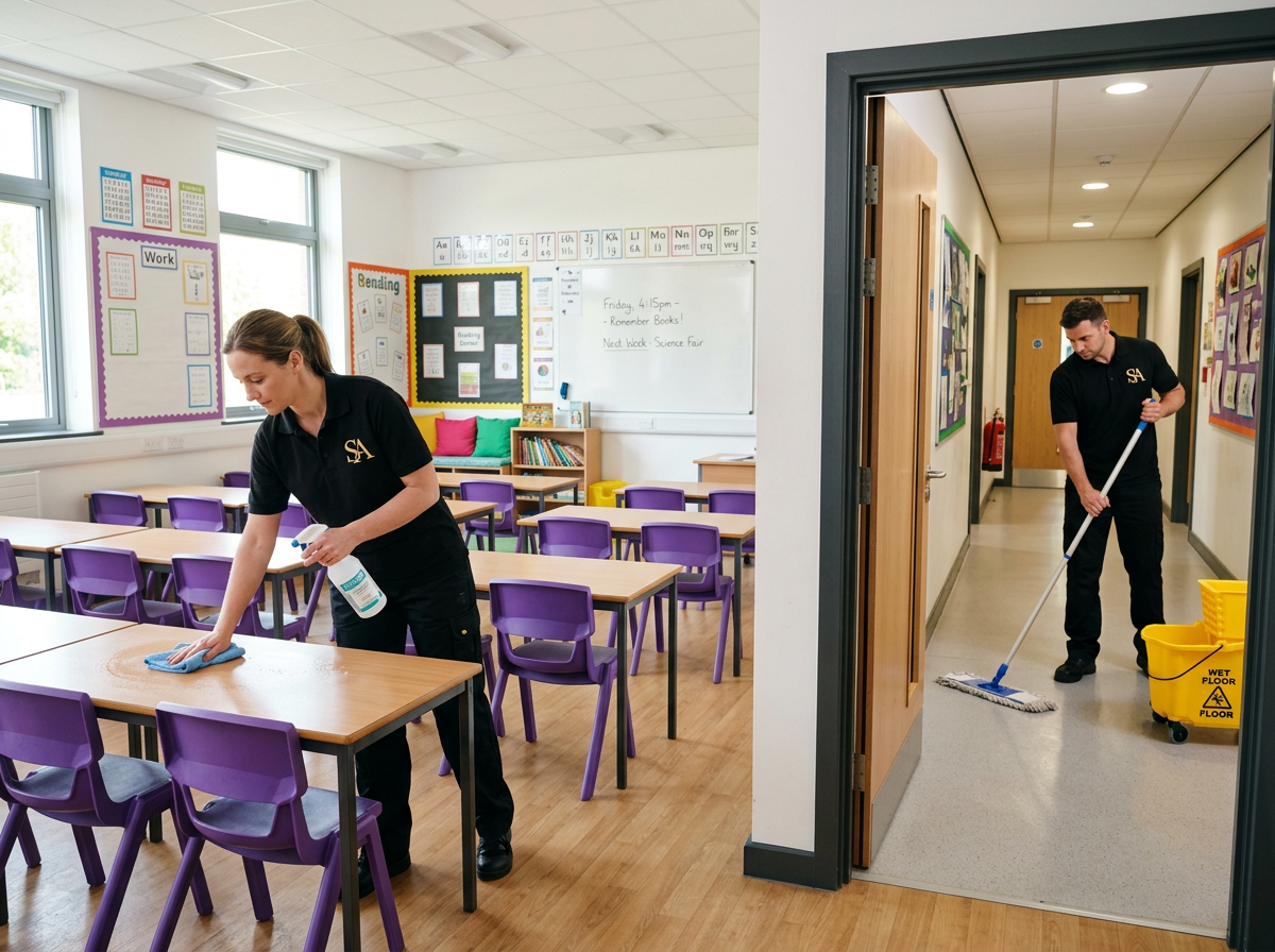 Cleaners sanitising desks and mopping a classroom floor